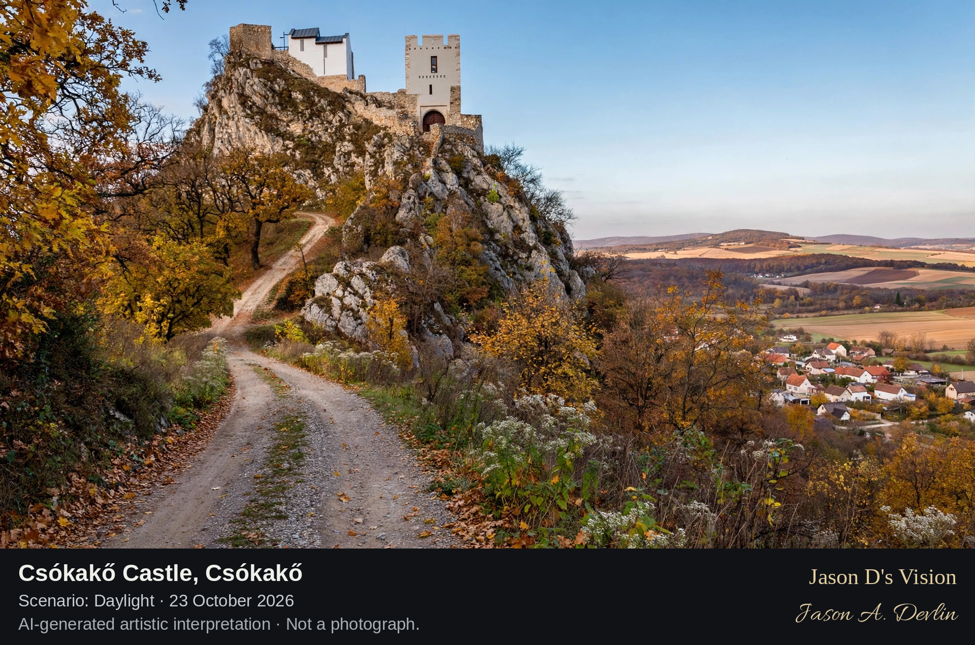 AI-generated artistic interpretation of Csókakő Castle, Csókakő, Hungary.