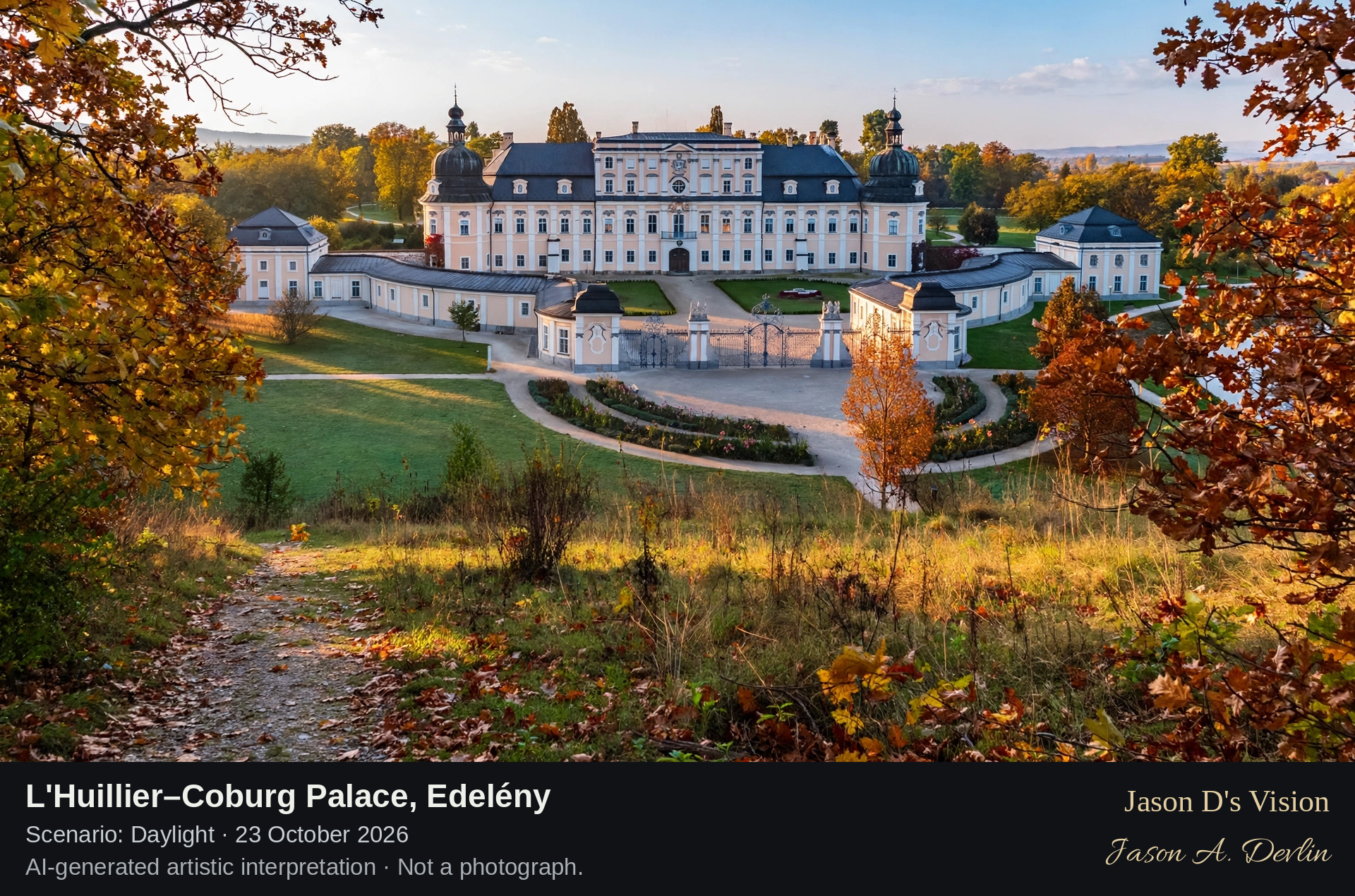 AI-generated artistic interpretation of L'Huillier–Coburg Palace, Edelény, Hungary.