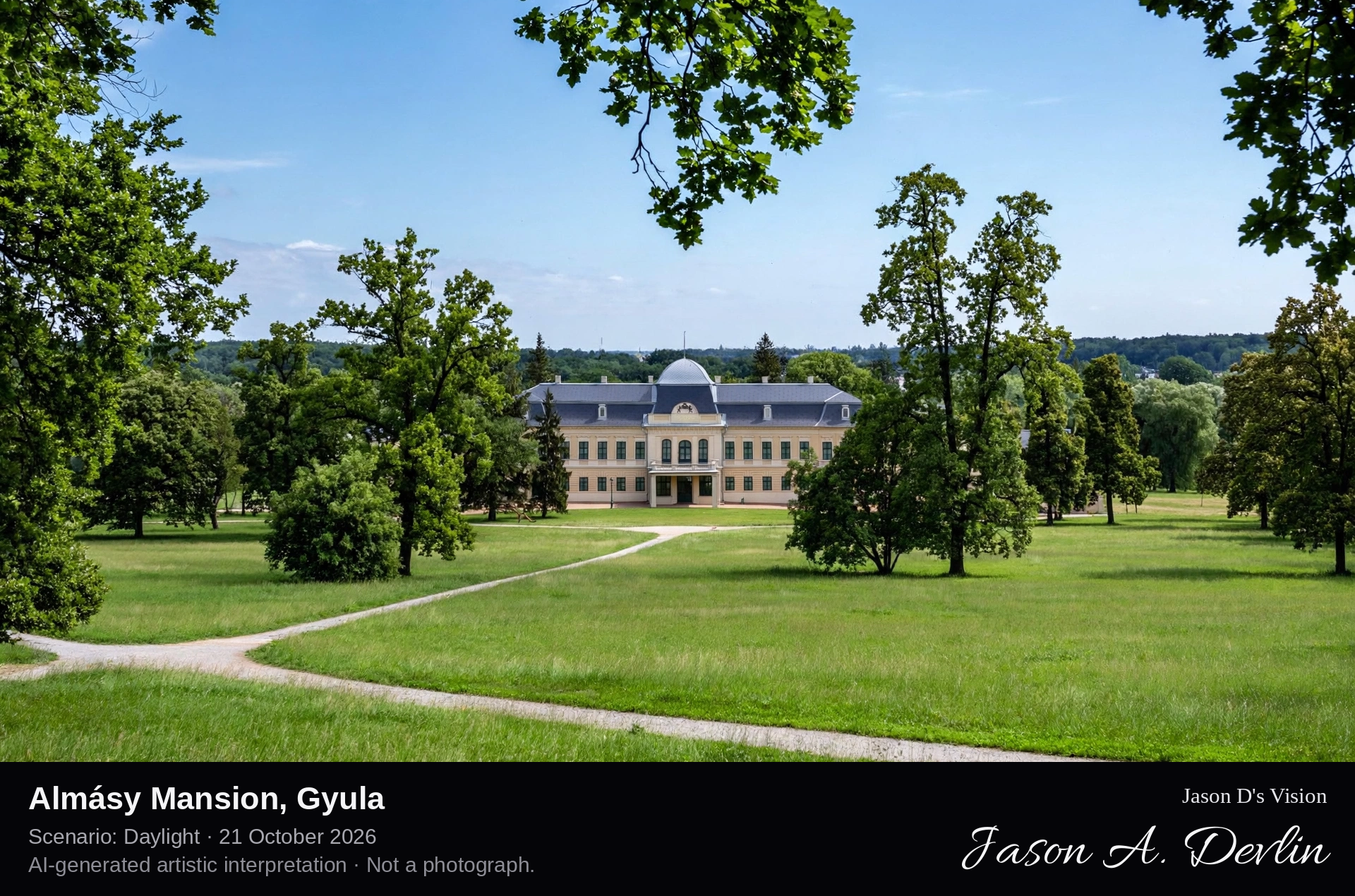 AI-generated artistic interpretation of Almásy Mansion, Gyula, Hungary.