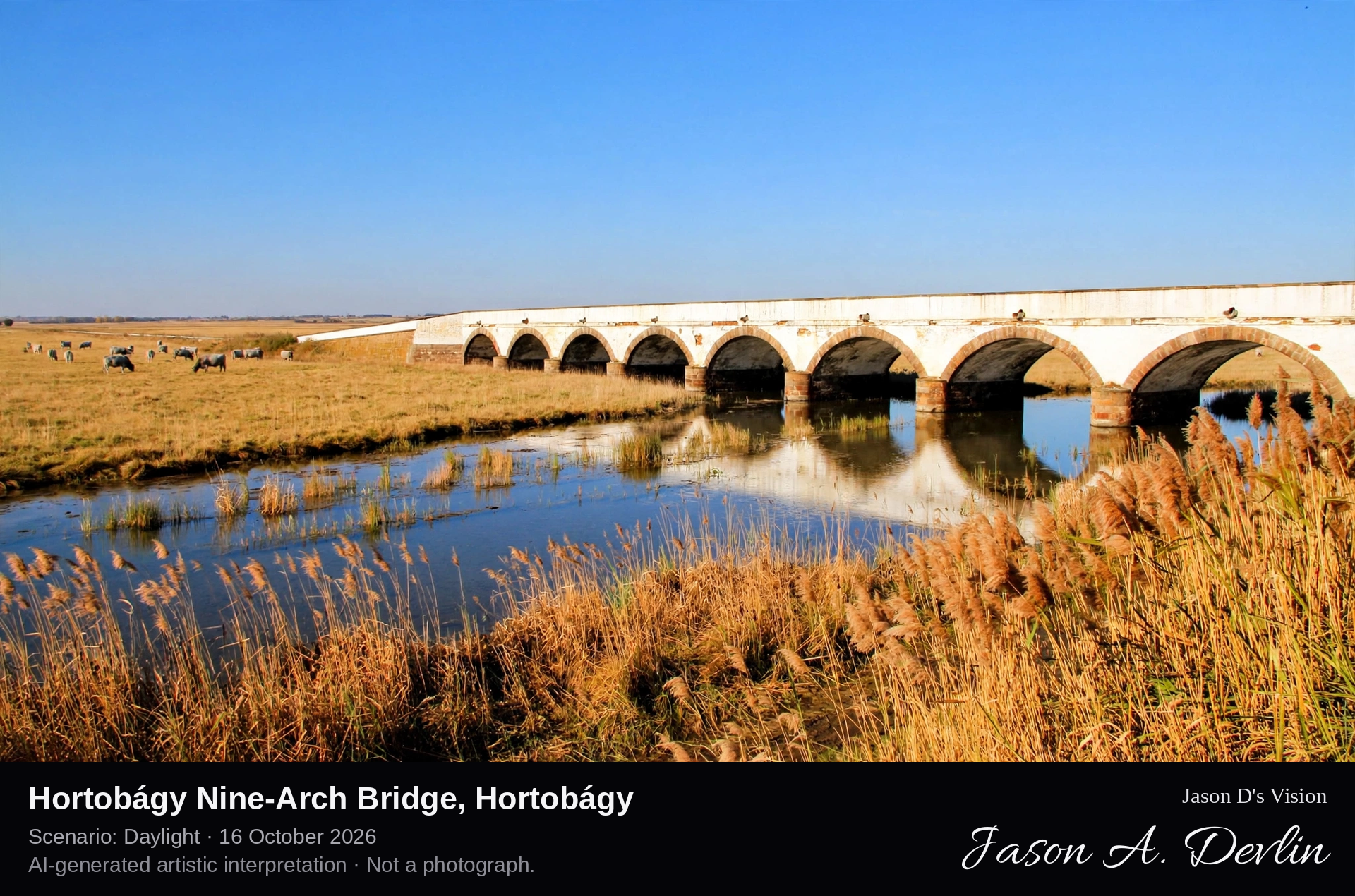 AI-generated artistic interpretation of Hortobágy Nine-Arch Bridge, Hortobágy, Hungary.