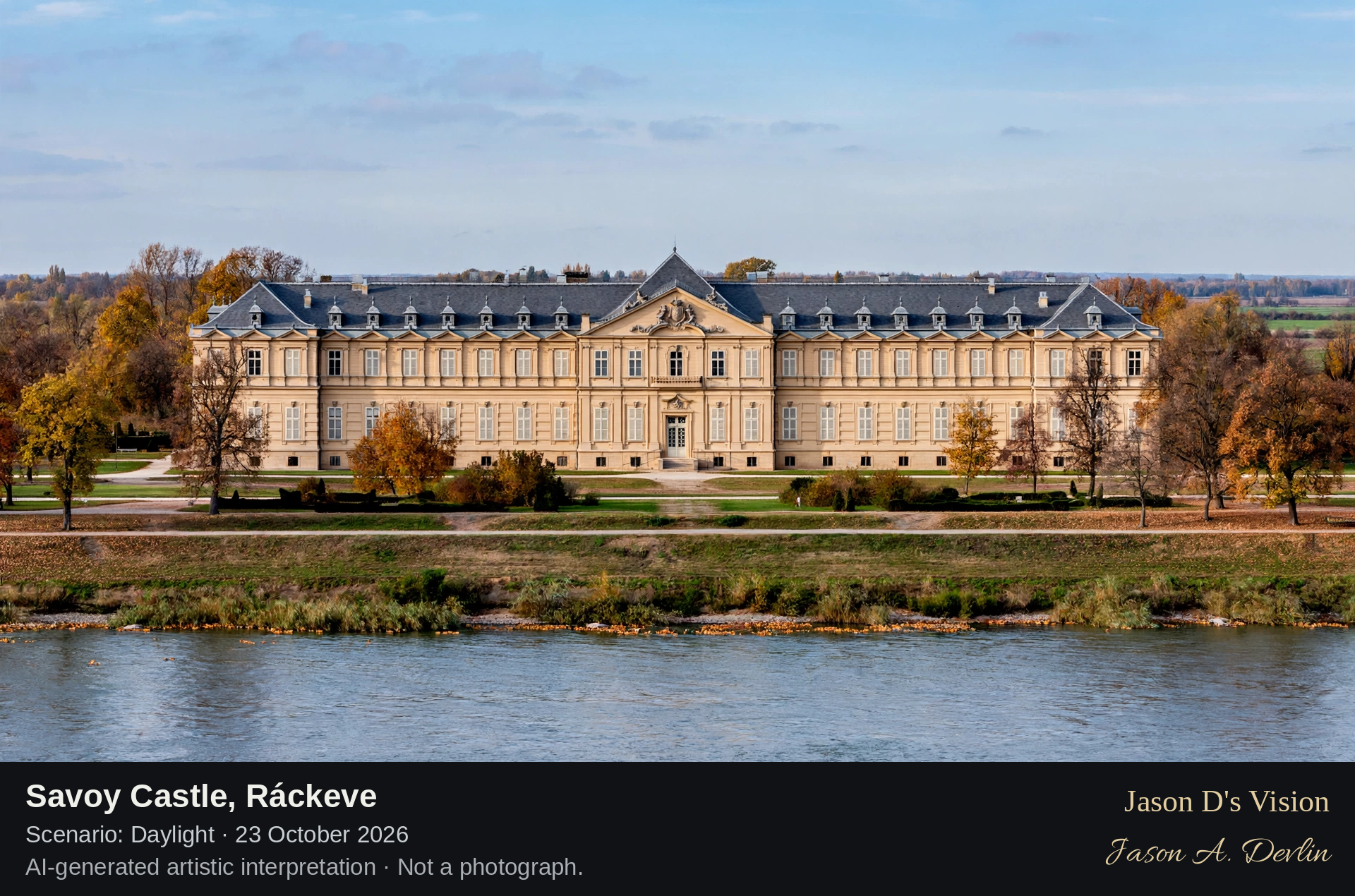 AI-generated artistic interpretation of Savoy Castle, Ráckeve, Hungary.
