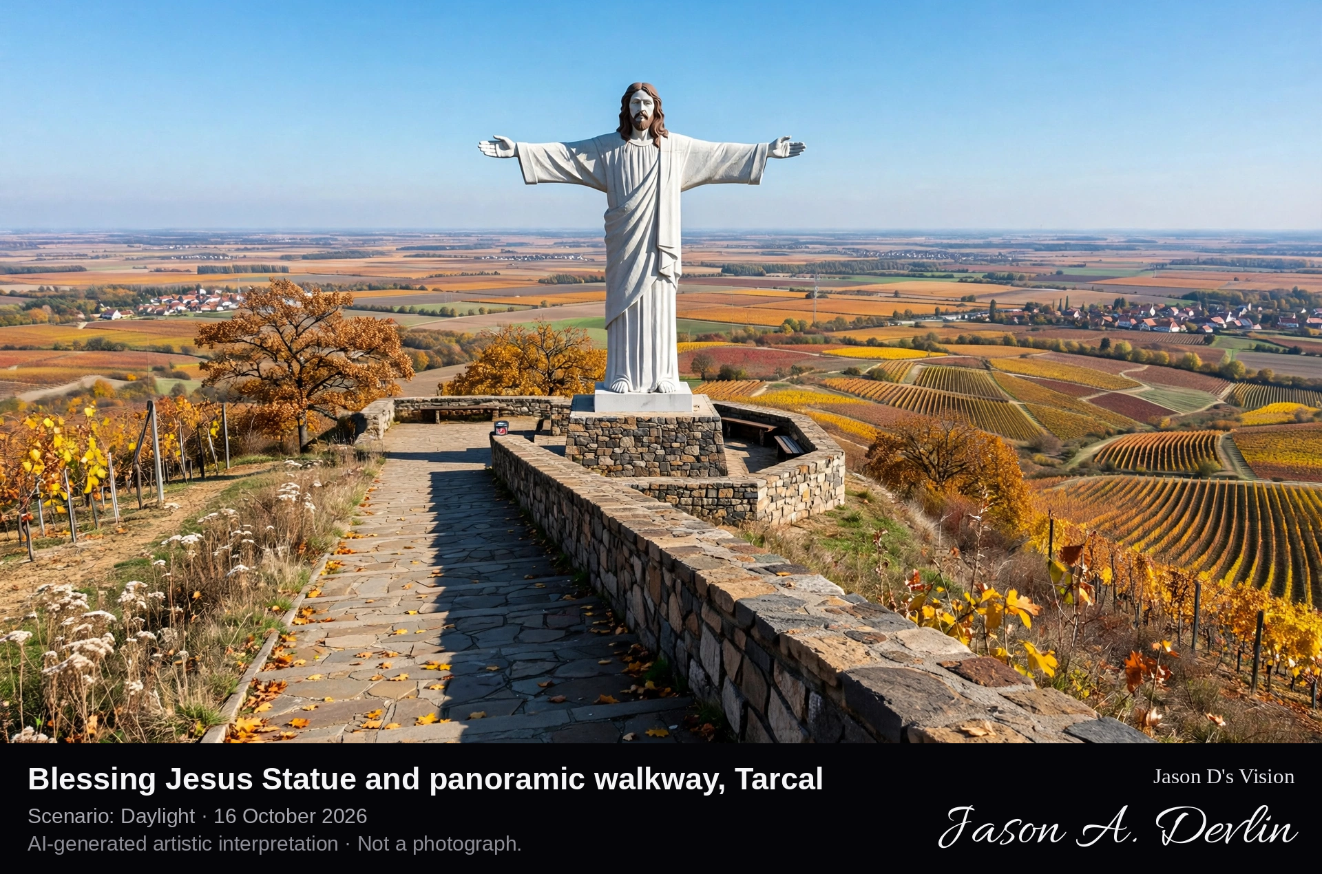 AI-generated artistic interpretation of Blessing Jesus Statue and panoramic walkway, Tarcal, Hungary.