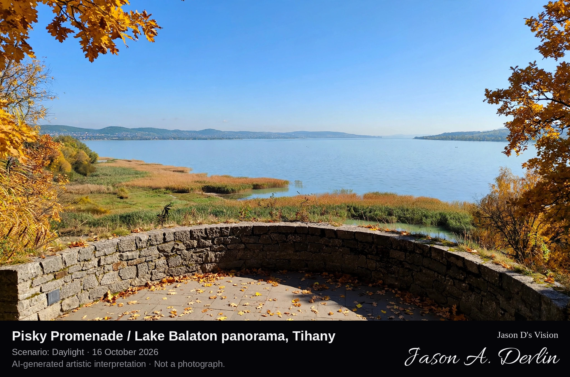 AI-generated artistic interpretation of Pisky Promenade / Lake Balaton panorama, Tihany, Hungary.