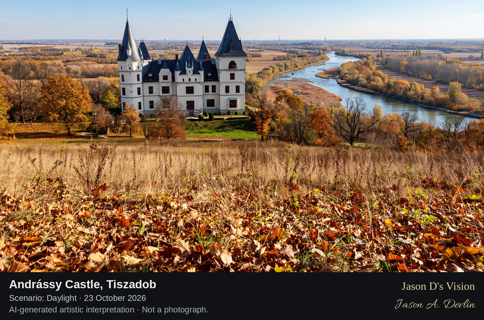 AI-generated artistic interpretation of Andrássy Castle, Tiszadob, Hungary.